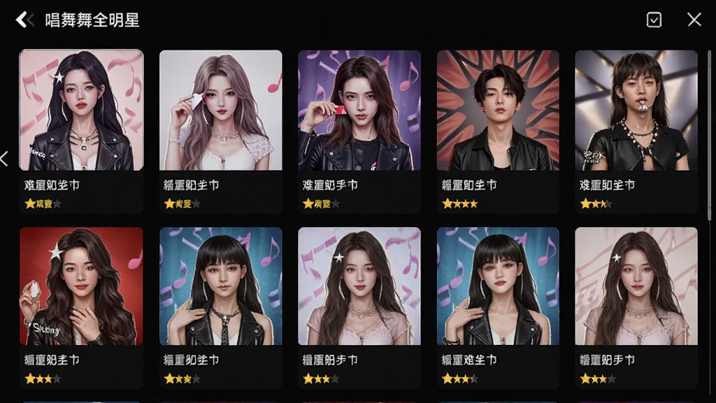 主体为唱舞全明星游戏中的选歌界面,屏幕显示多张歌曲封面缩略图排列成网格,布局为上下滑动列表,排版整齐,风格为UI界面截图风,细节包括歌曲名与难度星级标签,画质清晰,干净,无多余元素