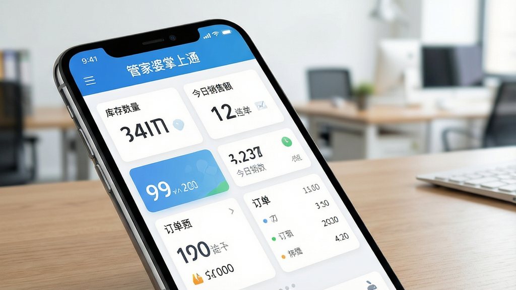 一张智能手机屏幕特写,屏幕中清晰显示“管家婆掌上通”应用主界面,界面包含库存数量、今日销售额、订单列表等数据卡片,手机放置在木质办公桌上,背景是模糊的办公室环境,整体风格明亮简洁,画质干净,无多余元素