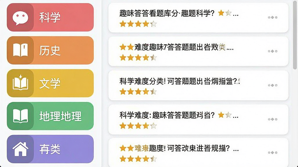 一张展示趣味答答看题库分类界面的图片,左侧是竖排的彩色分类图标,包括科学、历史、文学、地理等,右侧是滚动显示的题目列表,每道题前面有难度星级标注,整体排版整齐,色彩清新,画质干净,无多余元素