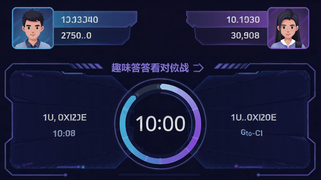 一张展示趣味答答看对战界面的示意图,画面分为上下两个区域,上方是两名玩家的头像和实时得分,下方是正在答题的题目区域,中央有一个倒计时圆环,整体风格充满科技感,蓝紫色调,界面布局紧凑,画质清晰,无多余元素
