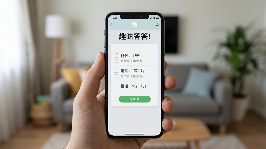 一张展示趣味答答看在手机上运行效果的实拍图,手机屏幕显示答题界面,背景是模糊的客厅环境,手机握在手中,画面清晰,光线柔和,构图居中,画质干净,无多余元素