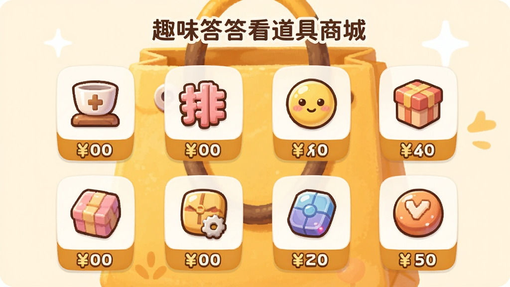 一张展示趣味答答看道具商城界面的图片,画面中央是排列整齐的道具图标,包括跳过、排除、加时等,每个图标下方标有价格,背景是暖黄色的购物袋图案,整体风格温馨可爱,排版简洁,画质干净,无多余元素