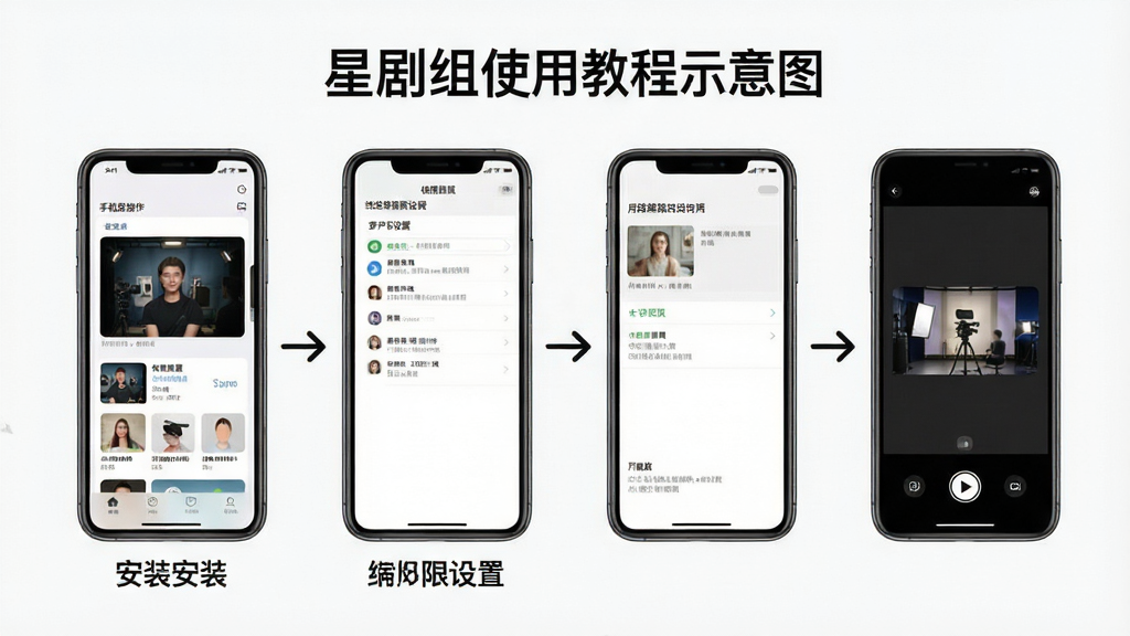 星剧组使用教程示意图,展示手机端操作步骤,包括安装界面、权限设置界面、播放界面,以步骤流程形式排列,背景简洁,画质清晰,干净无多余元素