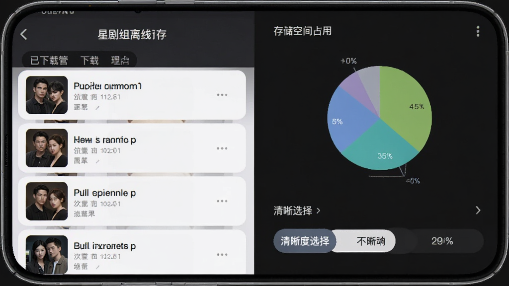 星剧组离线缓存功能界面,手机屏幕上显示缓存管理页面,有已下载列表、存储空间占用饼图、清晰度选择选项,背景为深色系,风格简洁直观,画质高清,干净无多余元素