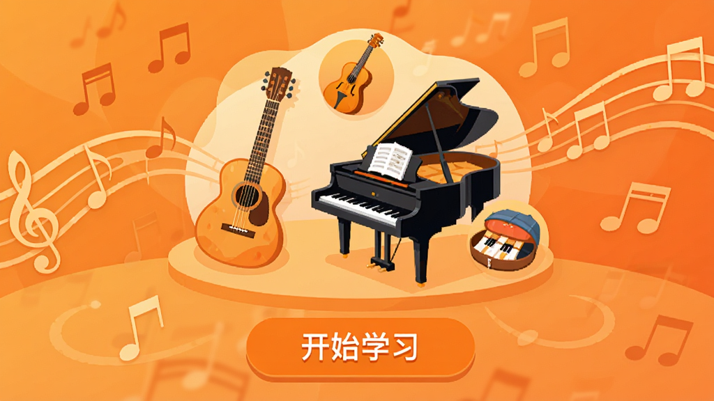 主体为橙石音乐课App界面展示,中央是吉他、钢琴等乐器图标环绕的虚拟教室,背景为暖色调音乐五线谱与音符元素,画面下方有“开始学习”按钮,整体布局均衡,排版清晰,扁平化插画风格,细节丰富,画质干净,无多余元素