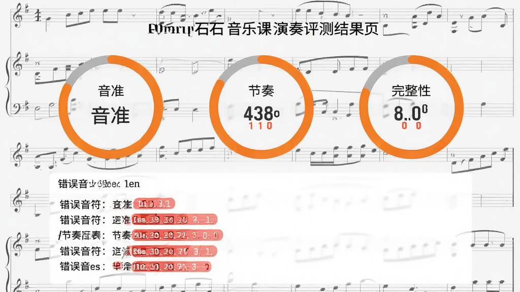 主体为橙石音乐课演奏评测结果页,中央是三个评分环分别显示音准、节奏、完整性分数,下方列出错误音符列表并用红色标记,背景为浅灰色乐谱网格,布局简洁,排版规整,清新风格,细节清楚,画质干净,无多余元素