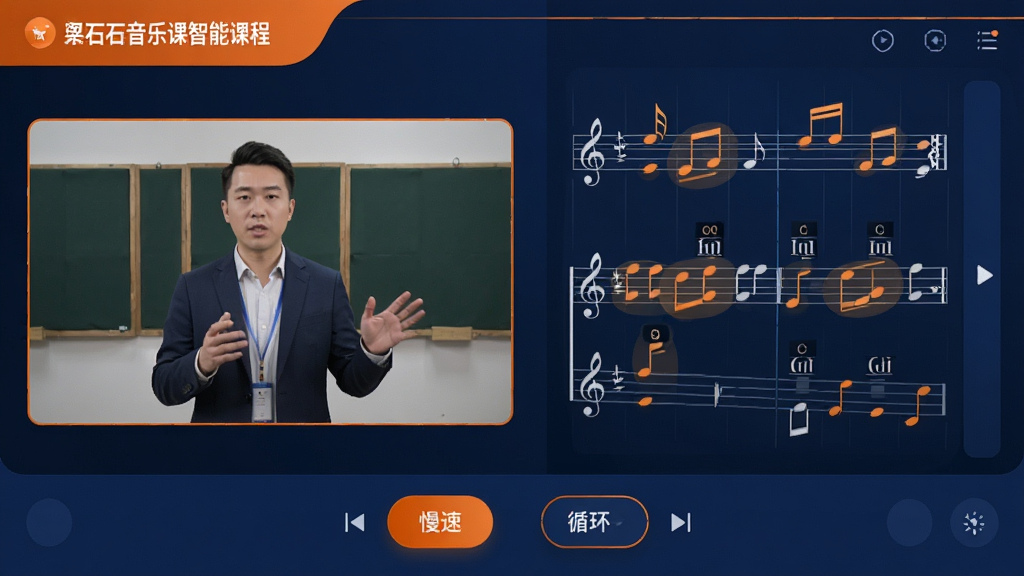 主体为橙石音乐课智能课程界面,左侧是教师讲解视频窗口,右侧是动态滚动曲谱,音符与和弦标记高亮显示,底部有“慢速”“循环”控制按钮,界面采用深蓝与橙色点缀,布局专业,排版整洁,科技感风格,细节清晰,画质干净,无多余元素