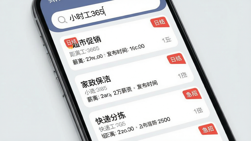 ��������Ϊ�ֻ�App�ĸ�λ�б�ҳ�棬�������������롰Сʱ��365�����·�����չʾ�����λ��Ƭ����Ƭ�ϱ�ע�����д��������������ࡱ����ݷּ𡱵����������С��սᡱ�����С���ɫ�Ǳꡣ����Ϊ�����б�������Ϊǳ��ɫ����ƬΪ��ɫԲ�Ǿ��Σ����������ϸ�ڰ�����Ƭ�ϵľ��롢н�ʡ�����ʱ�����Ϣ�����ʸɾ��������޶���Ԫ�ء�