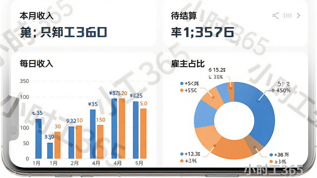 ��������Ϊ�ֻ�App������ͳ��ҳ�棬������ʾ���������롱�͡������㡱���·�Ϊ��״ͼ���״ͼ���ֱ�չʾÿ������͹���ռ�ȡ�����Ϊ��ɫ��ͼ������ɫ�ͳ�ɫΪ�������ּ��ֱ�ۡ����Ϊ���ݿ��ӻ����ϸ�ڰ���ͼ���ϵ����ֱ�ǩ�͡�Сʱ��365����ˮӡ�����ʸ��壬�޶���Ԫ�ء�