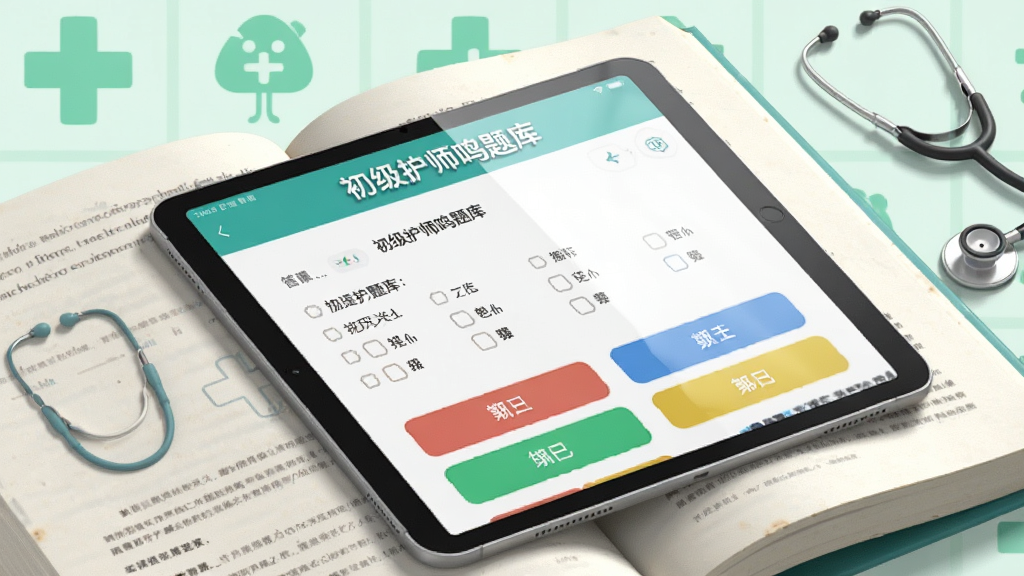 画面主体为打开的书本上摆放着平板电脑,平板屏幕显示“初级护师鸣题库”的答题界面,题目为选择题,下方有四个彩色选项按钮,背景为淡绿色医疗图标与听诊器,布局采用对角线构图,排版整洁清晰,风格为写实3D渲染,细节包括书页纹理、屏幕反光,画质细腻干净,无多余元素