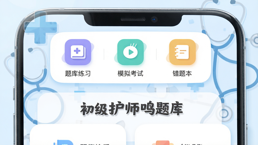 画面主体为一部智能手机屏幕特写,屏幕中显示“初级护师鸣题库”APP主界面,界面顶部有“题库练习”“模拟考试”“错题本”三个彩色图标,背景为淡蓝色医疗十字与听诊器元素,整体布局干净简洁,排版以居中对称为主,风格为现代扁平化插画,细节包含圆角卡片、柔和阴影,画质高清明亮,干净无多余元素