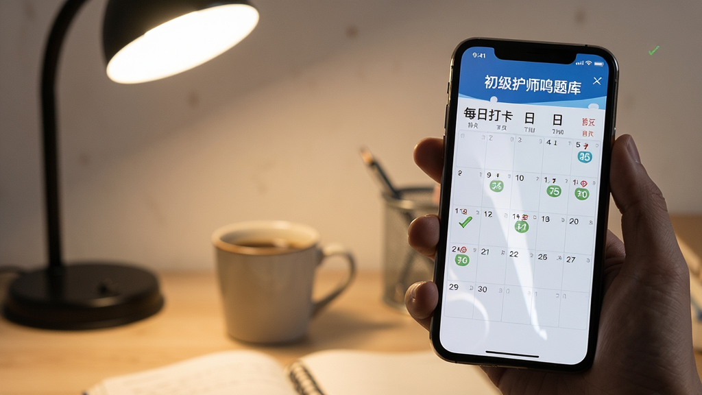 画面主体为一只手拿着手机,屏幕上显示“初级护师鸣题库”的每日打卡日历界面,日历上有连续打卡标记,背景为书桌上有台灯和咖啡杯,布局为右侧三分法,排版自然,风格为写实摄影风格,细节包括手指阴影、屏幕反光,画质清晰干净,无多余元素
