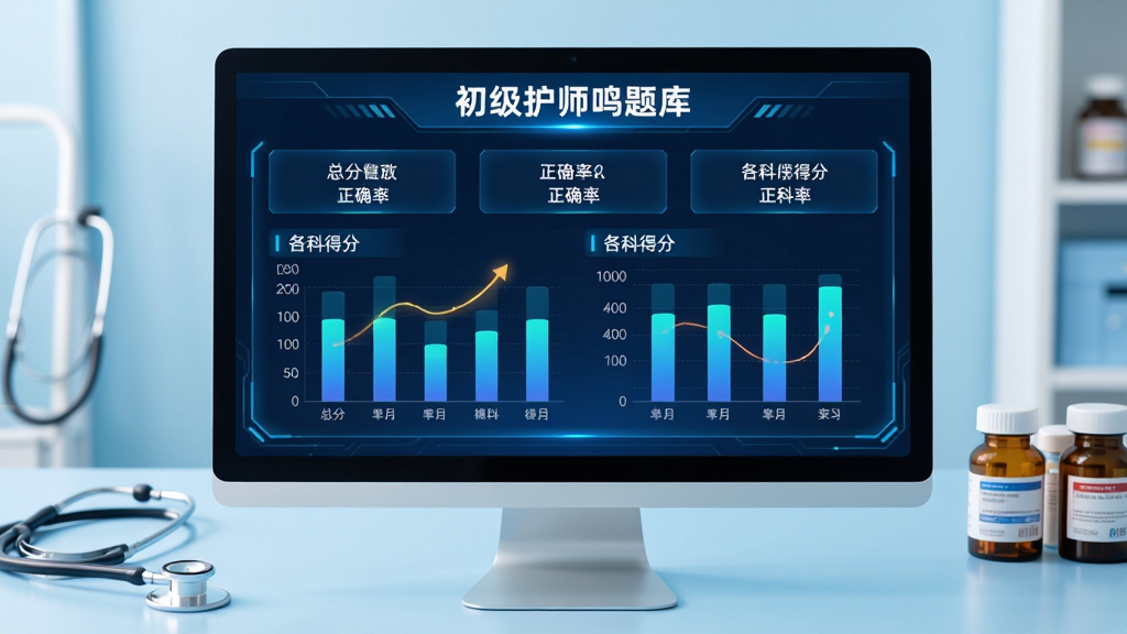 画面主体为电脑显示器上显示“初级护师鸣题库”的模拟考试成绩单,有总分、正确率、各科得分柱状图,背景为浅蓝色医疗工作台,有听诊器和药瓶,布局为中心对称,排版简洁大气,风格为科技感UI设计,细节包括动态图表、发光边框,画质清晰干净,无多余元素