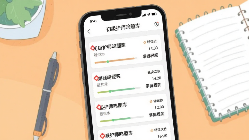 画面主体为手机屏幕展示“初级护师鸣题库”的错题本页面,列表中有红色标记的错题卡片,每张卡片显示题目概要、错误次数和掌握程度,背景为浅橙色学习桌上有笔和笔记本,布局为纵向列表排版,风格为清新扁平插画,细节包含进度条、标签图标,画质明亮干净,无多余元素