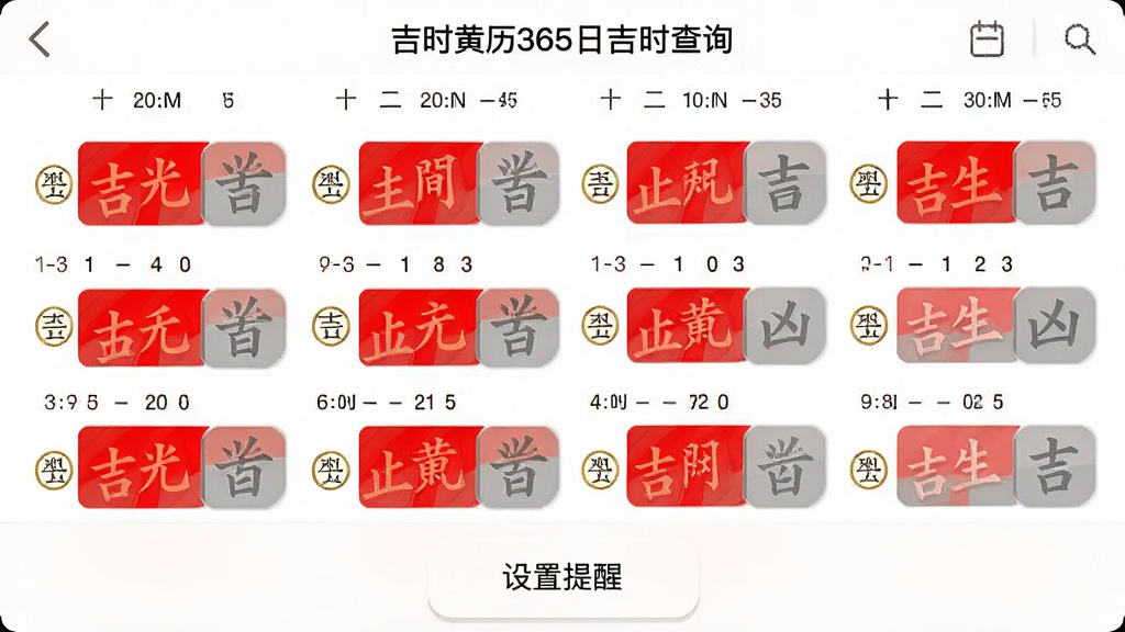 吉时老黄历365日历吉时查询界面,手机截图,显示当日十二时辰列表,每个时辰标注吉凶,吉时用红色高亮,凶时用灰色显示,底部有“设置提醒”按钮,整体布局简洁,信息清晰,画质高清,无多余元素