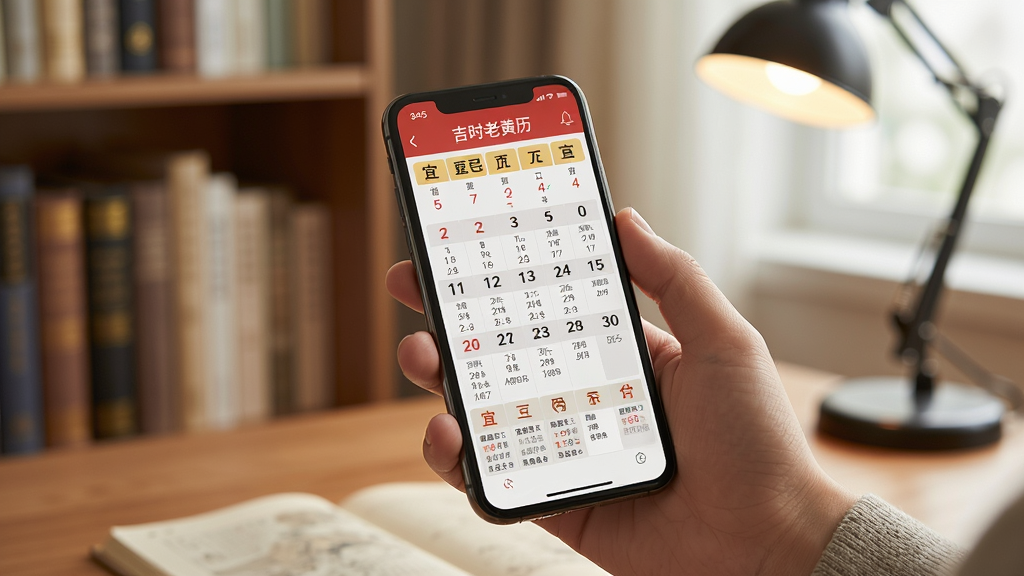 吉时老黄历365日历手机使用场景图,用户手持手机查看日历,屏幕显示宜忌信息,背景为书房,光线柔和,画面自然真实,主体突出,画质高清,无多余元素