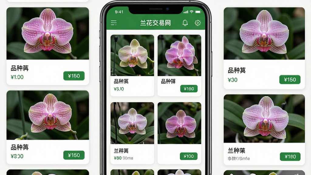 一张手机应用截图的创意合成图,应用名称为“兰花交易网”,屏幕内整齐排列着多种不同品种兰花的卡片,每张卡片包含清晰的花朵特写、品种名称和价格标签。画面布局采用网格形式,风格简洁明快,强调信息展示的效率。整体色调以绿色和白色为主,营造清新专业的氛围。画质高清,细节丰富,无多余杂物。