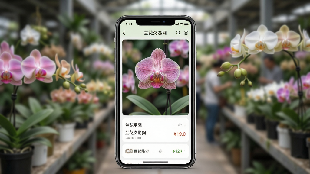 画面主体为一款名为“兰花交易网”的智能手机应用界面,手机屏幕中展示着精美的兰花图片和价格信息列表,背景是虚化的兰花市场或兰园场景。整体布局采用居中构图,手机位于视觉中心,背景环境围绕其周围。排版上突出应用界面的清晰与美观,风格为现代扁平化结合写实摄影,画质高清细腻,色彩清新自然,突出兰花的高雅气质,画面干净,无多余元素。