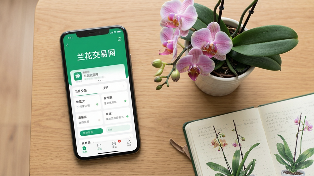 一张展示“兰花交易网”应用安装与使用场景的图片,画面中一部手机上显示应用主界面,旁边放着一盆盛开的兰花和一本种植笔记。布局为桌面俯拍视角,风格写实,光线柔和,画质清晰。突出“兰花交易网”品牌名称与移动端应用的关联,画面干净,无多余元素。