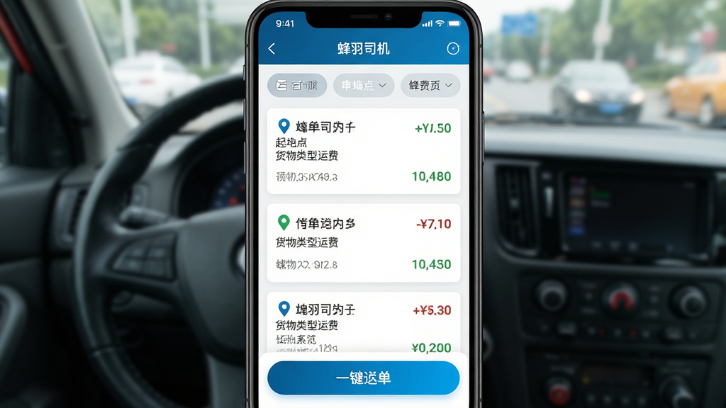 主体:智能手机屏幕特写,显示“蜂羽司机”应用内的订单列表,每个订单卡片标有起终点、货物类型和运费。布局:手机屏幕居中,背景为模糊的驾驶室环境。排版:订单卡片整齐排列,顶部有筛选标签,底部有“一键抢单”按钮。风格:UI设计风格,清晰易读。细节:订单信息完整,价格醒目,按钮高亮。画质:高清,干净,无多余元素。