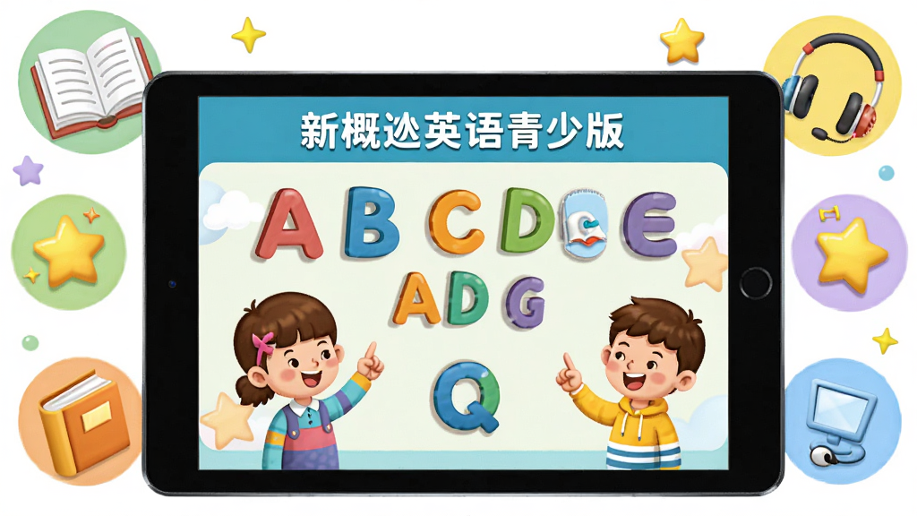 一幅展示新概念英语青少版应用界面的高清数字插画,主体为平板电脑屏幕中呈现的彩色英语学习界面,包含卡通人物与字母元素,周围环绕书本、耳机、星星等学习图标,布局居中,排版清晰,风格明亮活泼,细节丰富,画质细腻干净,无多余元素,屏幕内显示“新概念英语青少版”字样。