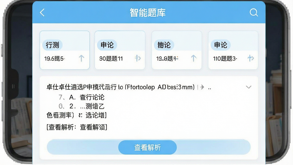 一张卓仕遴选APP题库练习页面的预览图,页面顶部显示“智能题库”标题栏,下方用清晰列表展示不同科目分类如“行测”、“申论”,每个科目卡片上标注题目数量,页面中部显示一道典型选择题,选项下方有“查看解析”按钮,整体界面以浅蓝色和白色为主,排版整齐,风格简洁,画质清晰无多余元素。