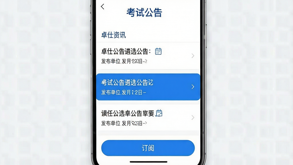 一张卓仕遴选APP公告资讯页面的预览图,页面顶部显示“考试公告”标题,下方以列表形式展示最新发布的遴选公告,每条公告包含标题、发布单位和日期,其中一条公告被高亮显示,页面底部设有“订阅”按钮,整体界面以白色为底色,搭配蓝色强调色,风格简洁明快,画质清晰无多余元素。