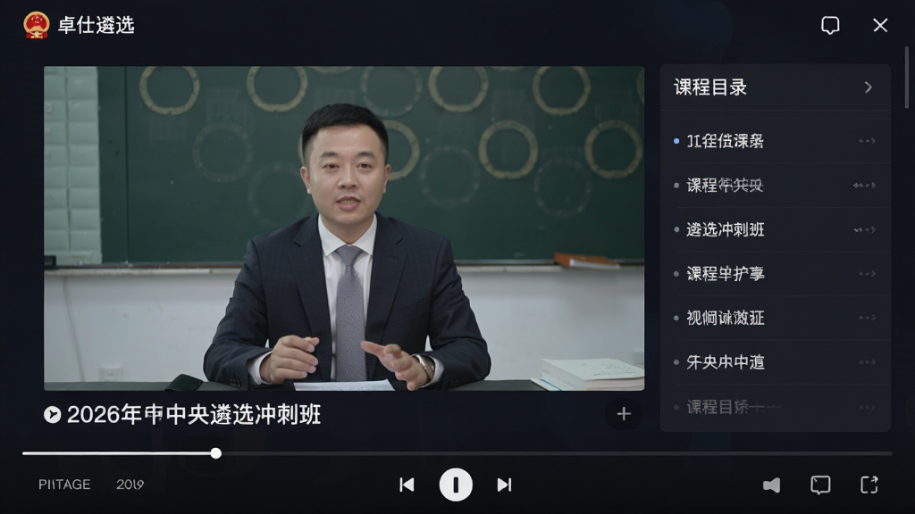 一张卓仕遴选APP视频课程播放页面的预览图,页面中央显示正在播放的名师授课画面,视频下方有课程标题“2026年中央遴选冲刺班”,右侧显示课程目录列表,界面底部配有播放控制条,整体设计以深色背景衬托视频内容,风格专业,画质高清无多余元素。