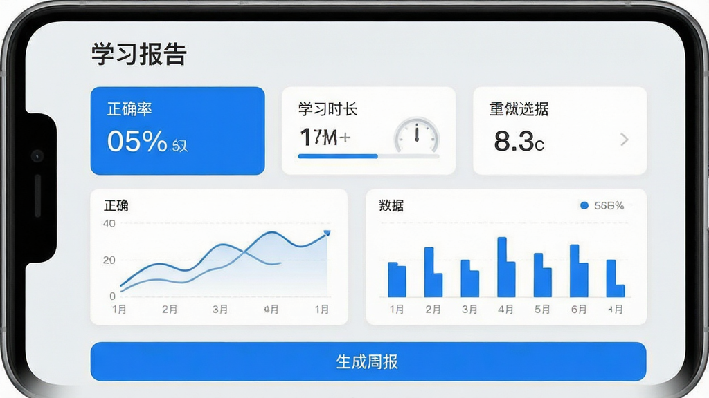 一张卓仕遴选APP学习报告页面的预览图,页面以折线图和柱状图展示用户近期的学习数据,顶部显示“学习报告”标题,中部有“正确率”、“学习时长”等数据卡片,底部有“生成周报”按钮,整体界面以浅灰色为背景,搭配蓝色数据展示,风格简洁直观,画质干净无多余元素。
