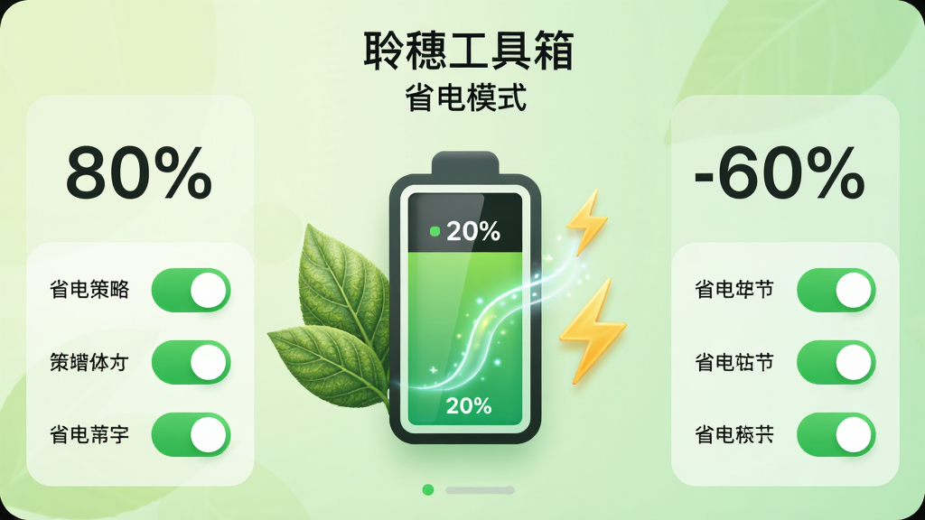 主体:聆穗工具箱“省电模式”界面,展示电池图标电量从20%到60%的上升趋势,旁边有树叶和闪电元素。布局:电池图标居中,左右两侧有省电策略开关列表。排版:电量百分比大字显示,开关为绿色滑块,背景为浅绿色渐变。风格:清新环保风格。细节:树叶纹理清晰,电池电量有流动光效,界面柔和。画质:高清干净,无多余元素。
