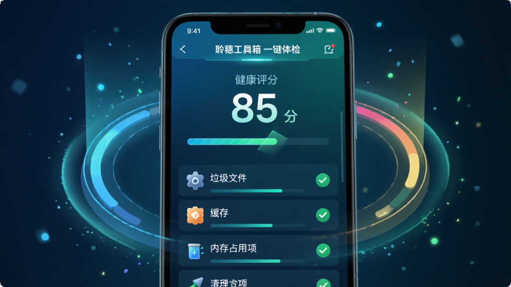 主体:聆穗工具箱“一键体检”功能界面,显示健康评分85分,下方列出垃圾文件、缓存、内存占用等清理项。布局:手机屏幕为主,周围环绕扫描光效和彩色数据圆环。排版:分数居中大字显示,清理项以列表形式排列,每个项目有绿色勾选标志。风格:科技感智能界面,蓝绿色调。细节:进度条动画感,图标精致,背景有漂浮的微小粒子。画质:高清渲染,干净无多余元素。