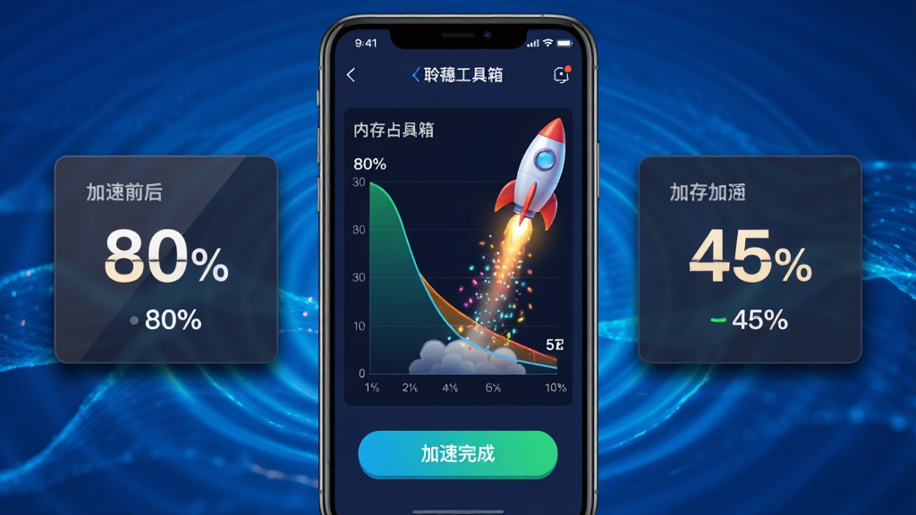 主体:聆穗工具箱“内存加速”界面,显示内存占用从80%降至45%的对比图表,有火箭升空动画。布局:手机屏幕居中,左右两侧分列加速前后数据卡片。排版:大数字展示百分比,下方有“加速完成”按钮,背景为动态蓝色波纹。风格:动感活力科技风。细节:火箭尾部有光粒拖尾,数据卡片有阴影质感,颜色鲜明。画质:超清细腻,无多余元素。