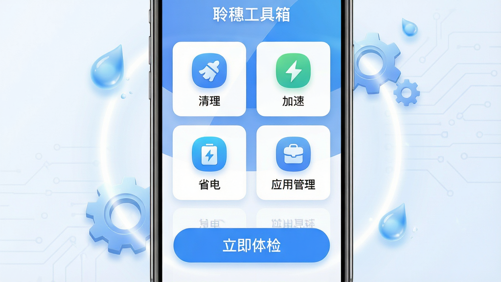 主体:聆穗工具箱手机应用界面,屏幕上展示清理、加速、省电、应用管理四大功能模块图标,主色调为蓝白渐变。布局:手机居中,屏幕内容清晰可见,周围有柔和的光晕和齿轮、水滴等元素点缀。排版:图标网格排列,下方有“立即体检”大按钮。风格:扁平化现代科技风,清新明亮。细节:屏幕反射光线自然,功能图标细腻,背景有淡淡的电路纹理。画质:8K超清,干净无多余元素。
