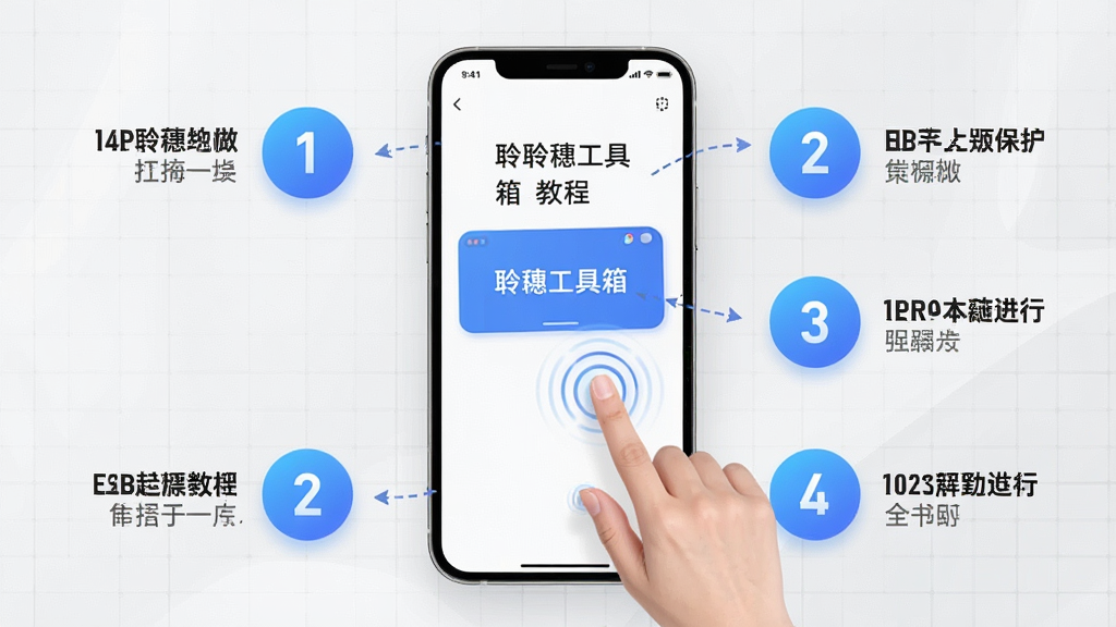 主体:手机屏幕显示聆穗工具箱的使用教程步骤图,有手指点击操作动画。布局:手机居中,周围有步骤序号1-2-3-4圆圈。排版:步骤说明文字简洁,背景为浅灰色网格。风格:清爽教学风。细节:手指点击有波纹反馈,步骤圆圈为蓝色渐变。画质:高清,干净无多余元素。