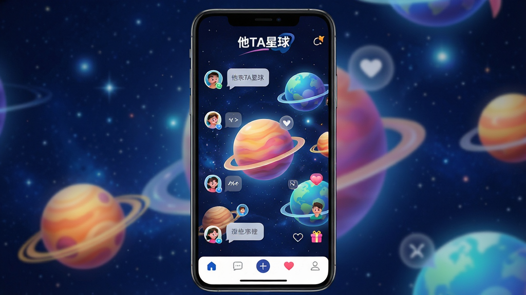 主体:他TA星球APP界面,展示星球探索社交功能,手机屏幕内呈现多个色彩斑斓的虚拟星球,每个星球上有人物头像和互动图标。布局:手机居中,屏幕内容清晰可见,周围是深蓝色宇宙星空背景,点缀星星和光晕。排版:手机竖屏展示,界面元素排列有序,顶部有“他TA星球”文字Logo,底部有导航栏。风格:科技感与梦幻感结合,明亮通透,色彩丰富但和谐。细节:界面中的对话气泡、爱心点赞、礼物图标等社交元素清晰可辨,人物头像表情生动。画质:超高清渲染,细节丰富,干净无多余元素。