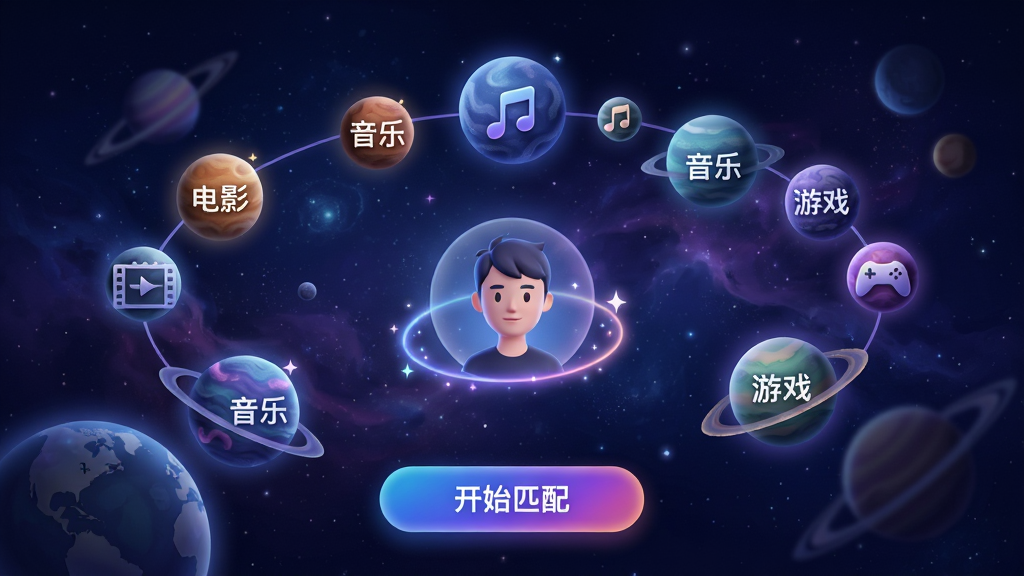 主体:他TA星球APP的星球漫游匹配功能界面,多个星球悬浮在宇宙背景中,每个星球标注不同兴趣标签如“电影”“音乐”“游戏”。布局:星球呈环形排列,中央是用户的虚拟形象,底部有“开始匹配”按钮。排版:界面简洁,星球大小错落有致,标签清晰。风格:梦幻星空风,主色调为深蓝与紫色,辅以亮色点缀。细节:星球表面有微光纹理,用户形象周围有光环特效,匹配按钮有渐变色。画质:高清渲染,细节精致,干净无多余元素。