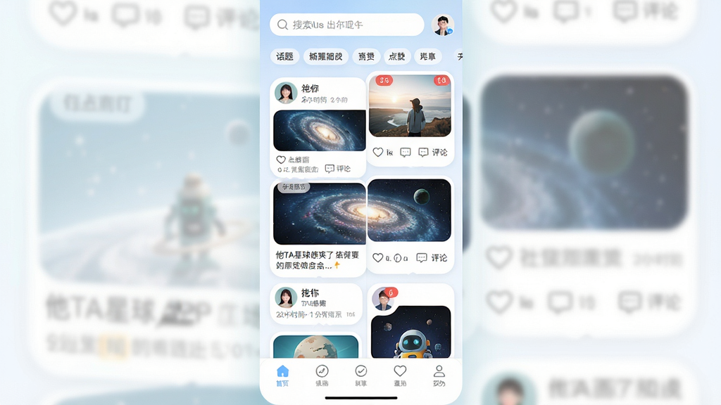主体:他TA星球APP的动态广场界面,展示用户发布的图文卡片,包含照片、文字内容和点赞评论按钮。布局:瀑布流式排列,卡片大小不一,错落有致,顶部有搜索栏和话题标签。排版:卡片圆角设计,文字清晰,图片精美,底部有导航栏。风格:清新明亮,色彩柔和,社区氛围浓厚。细节:卡片上有用户头像、昵称、发布时间,点赞和评论图标带有数字角标。画质:高分辨率,细节丰富,干净无多余元素。