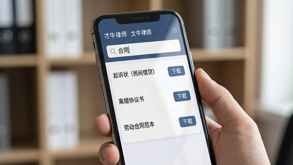 ��������Ϊ����ţ��ʦ��APP������ģ���б�ҳ�棬��Ļ�����б���ʽչʾ������״������������������Э���顱�����Ͷ���ͬ�������ȱ��⣬ÿ�������Ҳ��С����ء���ť����Ļ�Ϸ������������롰��ͬ�����֡��ֻ������ճ��������У�����Ϊ�칫����ܣ�����ɫ����ͣ��Ű����࣬����Լ����ϸ�ڰ�����Ļ��������ָ��Ȼ�ճ����ƣ����ʸ��壬�ɾ��޶���Ԫ�ء�