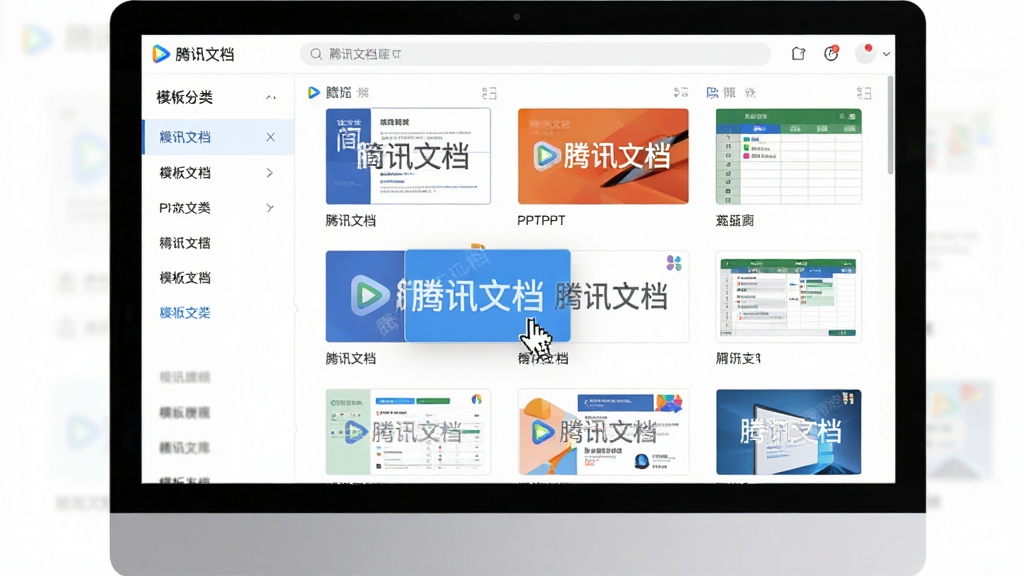 主体:电脑屏幕展示腾讯文档模板库页面,左侧是模板分类列表,右侧展示各种模板缩略图,包括简历、PPT、表格等。布局:居中展示,UI界面清晰。排版:缩略图网格排列,色彩丰富。风格:扁平化,清爽,专业。细节:模板缩略图上有“腾讯文档”水印和模板名称,鼠标悬停在其中一个模板上。画质:1080P,干净,无多余元素。