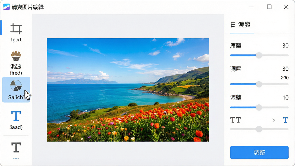 ���壺��ˬͼƬ�༭���������棬��๤���������ü����˾������������ֵ�ͼ�꣬������ʾһ��ɫ�����޵ķ羰��Ƭ���Ҳ�Ϊ����������塣���֣����ҶԳƣ��������򻮷���ȷ����������ƽ����ƣ���������ס��Ű棺ͼ���������룬���ֱ�ǩ�����������޳������塣����ִ���Լ���������£�ǳɫ����������ɫ������ť��ϸ�ڣ������޶���Ԫ�أ����ָ����ͣ���˾���ť�ϣ��������ơ���ˬͼƬ�༭����ʾ�ڴ������Ͻǡ����ʣ������壬�ɾ����޶���Ԫ�ء�