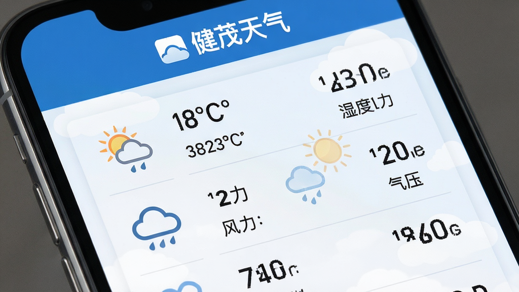 主体:健茂天气APP的实时天气数据页面,显示温度、湿度、风力、气压等详细指标,页面上方有“健茂天气”标识。布局:手机屏幕特写,数据列表清晰排列,图标与数字搭配。排版:左侧为天气图标,右侧为具体数值,行间距适中。风格:简洁商务风,蓝白配色,突出专业感。细节:数据字体清晰,背景有淡色云图,画质干净,无多余元素。