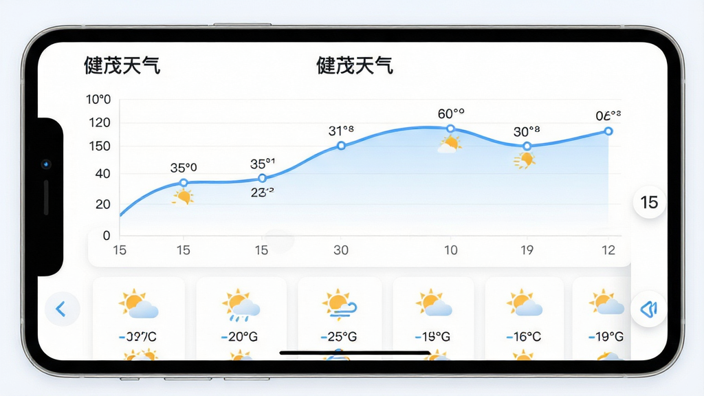 主体:健茂天气APP的15天预报页面,显示气温折线图与每日天气图标,页面顶部有“健茂天气”字样。布局:折线图横跨屏幕,下方为每日天气卡片。排版:图表平滑,卡片整齐排列,左右滑动可查看。风格:清新简约,白色背景配蓝色线条,整体柔和。细节:图表坐标轴清晰,图标生动,画质干净,无多余元素。