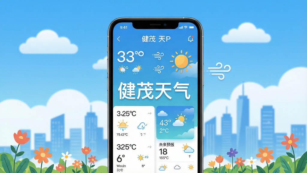 主体:健茂天气APP界面展示,手机屏幕显示实时天气数据与未来预报,画面中央有“健茂天气”字样,背景为蓝天白云与城市天际线。布局:手机居中,屏幕内容清晰可见,周围留白,下方有花草点缀。排版:手机略微倾斜,屏幕朝上,整体视觉平衡。风格:现代扁平化设计,色彩明亮清新,突出天气的晴朗与活力。细节:屏幕中显示温度、湿度、风力图标,天气动画流畅,画质高清,干净无多余元素。