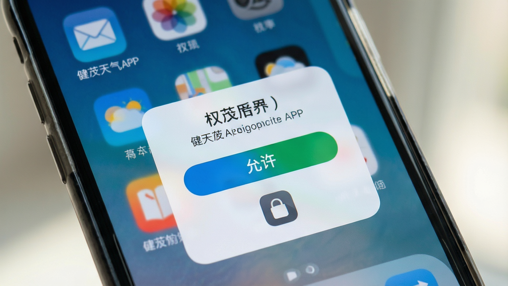 主体:手机安装健茂天气APP的界面,显示权限授予弹窗,背景为桌面图标。布局:手机居中,屏幕亮起,弹窗突出。排版:弹窗显示“允许”按钮,下方有图标。风格:真实场景风格,光线自然。细节:弹窗文字清晰,手机边框圆润,画质干净,无多余元素。