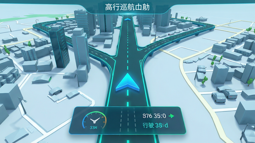 高行巡航导航地图主界面,3D立体城市道路模型,蓝绿色科技感主题,界面中央有醒目导航箭头,底部悬浮行驶速度与车道信息卡片,整体布局简洁清晰,画质细腻干净,无多余元素