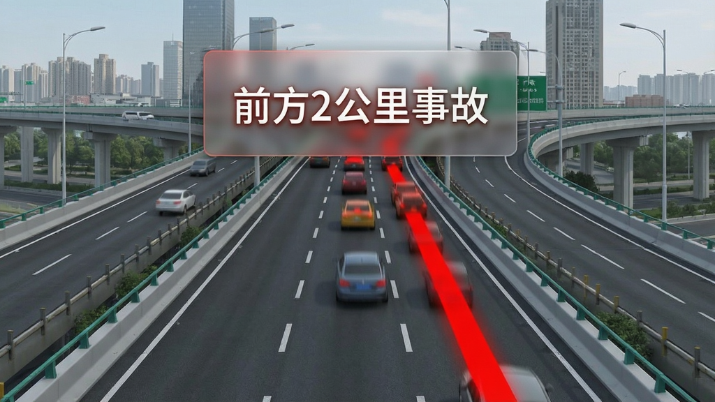 高行巡航导航地图路况预警功能示意图,前方道路呈现红色拥堵线段,屏幕上方悬浮半透明警示卡片,卡片内显示“前方2公里事故”文字,背景为城市高架桥实景渲染,风格写实,警示元素醒目,画质干净,无多余元素