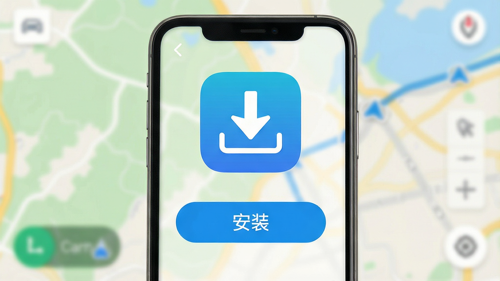 高行巡航导航地图手机安装界面,背景为模糊的导航地图,前景展示应用图标与“安装”按钮,画面简洁明亮,突出下载安装动作,画质干净,无多余元素
