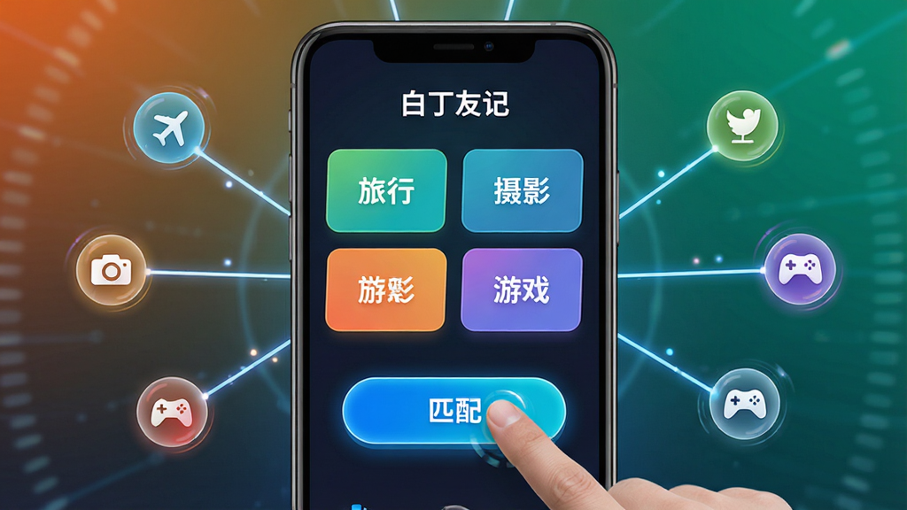 ���壺�׶��Ѽ�APP����Ȥƥ�书�ܽ��棬��Ļ��ʾ�����Ȥ��ǩ��Ƭ���硰���С�������Ӱ��������Ϸ������һ����ָ���ڵ����ƥ�䡱��ť�����֣��ֻ�������У���Χ�з���״�������ߺ�Сͼ�ꡣ�Ű棺����ֱ�ۣ�ͻ������Ȥƥ�䡱�롰�׶��Ѽǡ����ơ�����ִ��Ƽ��У�ɫ�����졣ϸ�ڣ�����Ԫ�ؾ��£�����΢�Ķ�Ч�С����ʣ����壬�ɾ����޶���Ԫ�ء�