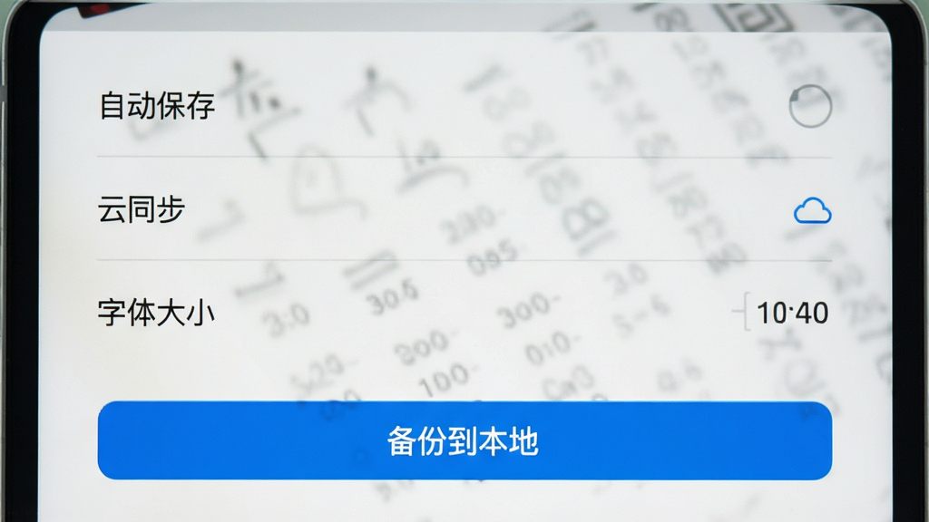 一张笔落写作的设置页面截图,屏幕显示“自动保存”、“云同步”、“字体大小”等选项,下方有一个蓝色的“备份到本地”按钮。整体界面风格简洁,色彩柔和,突出实用与安全特性,画质清晰,无多余元素。