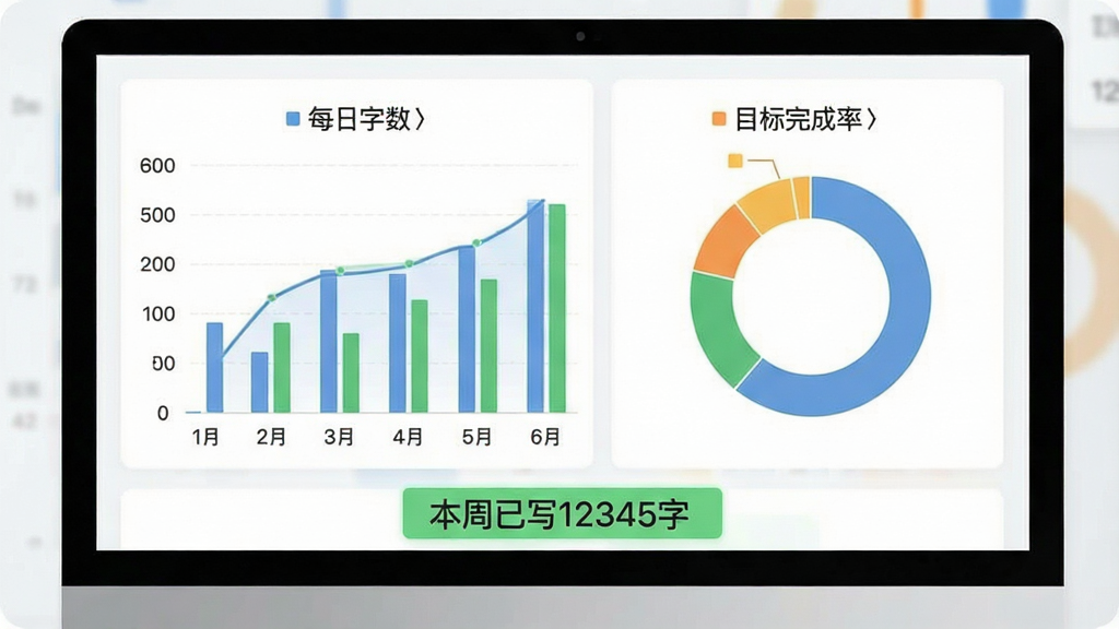 一张笔落写作的统计页面截图,屏幕中央显示着柱状图与环形图,分别代表每日字数和目标完成率,下方有“本周已写12345字”的绿色高亮文字。整体配色清新,数据可视化清晰,风格专业且友好,画质干净,无多余元素。